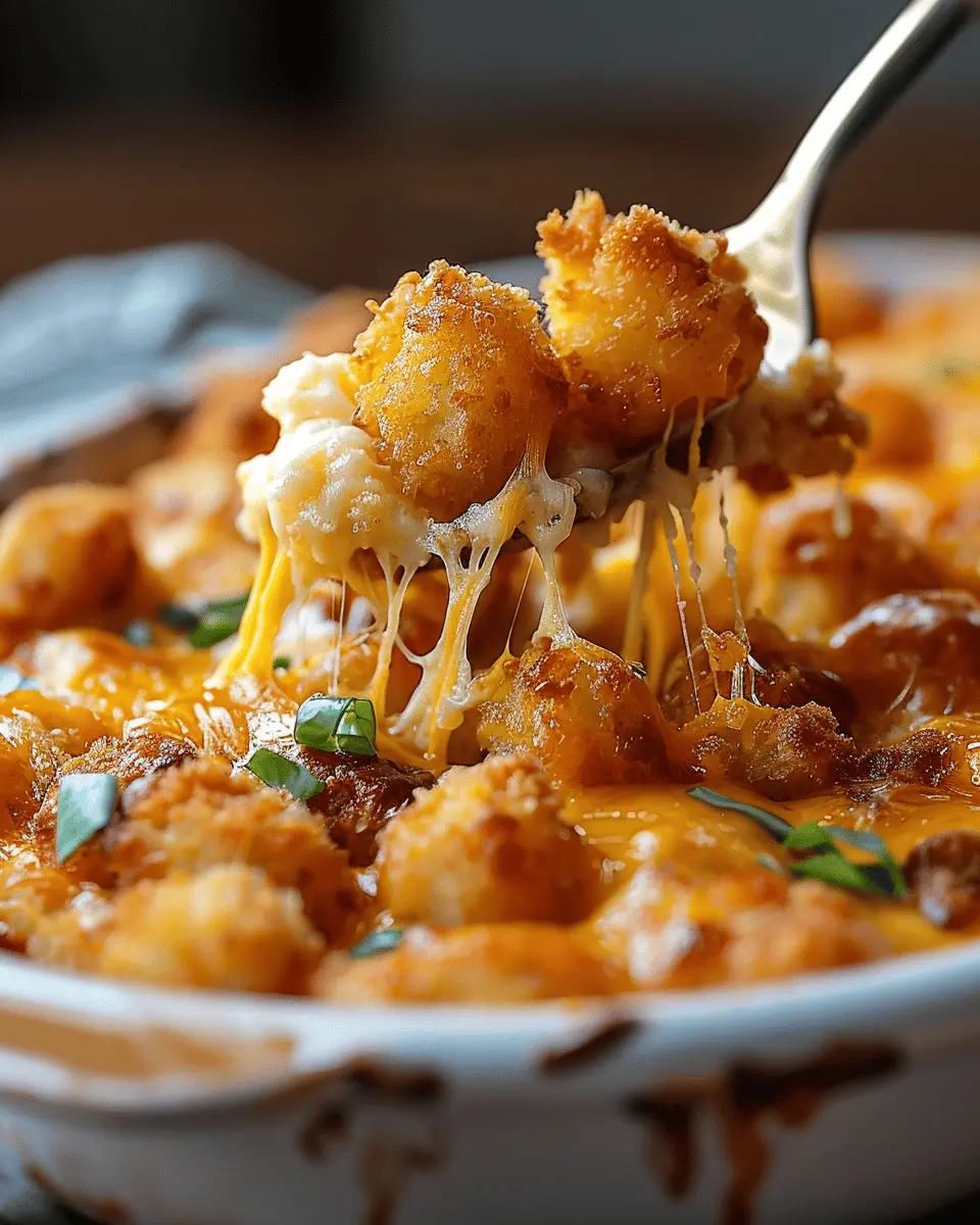 Cheesy Tater Tot Casserole with Turkey Bacon and Chicken Ham Delight