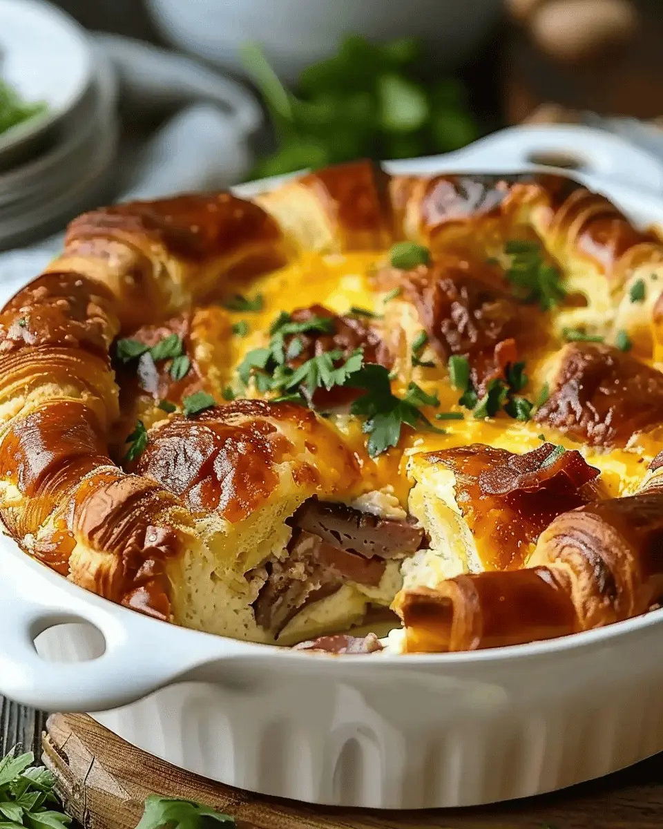 Irresistible Overnight Croissant Breakfast Casserole with Turkey Bacon and Chicken Ham