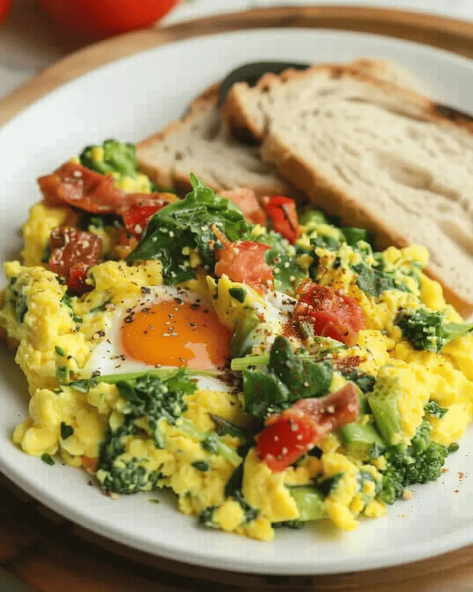 Scrambled Eggs with Veggies: Easy Toast Perfection with Turkey Bacon