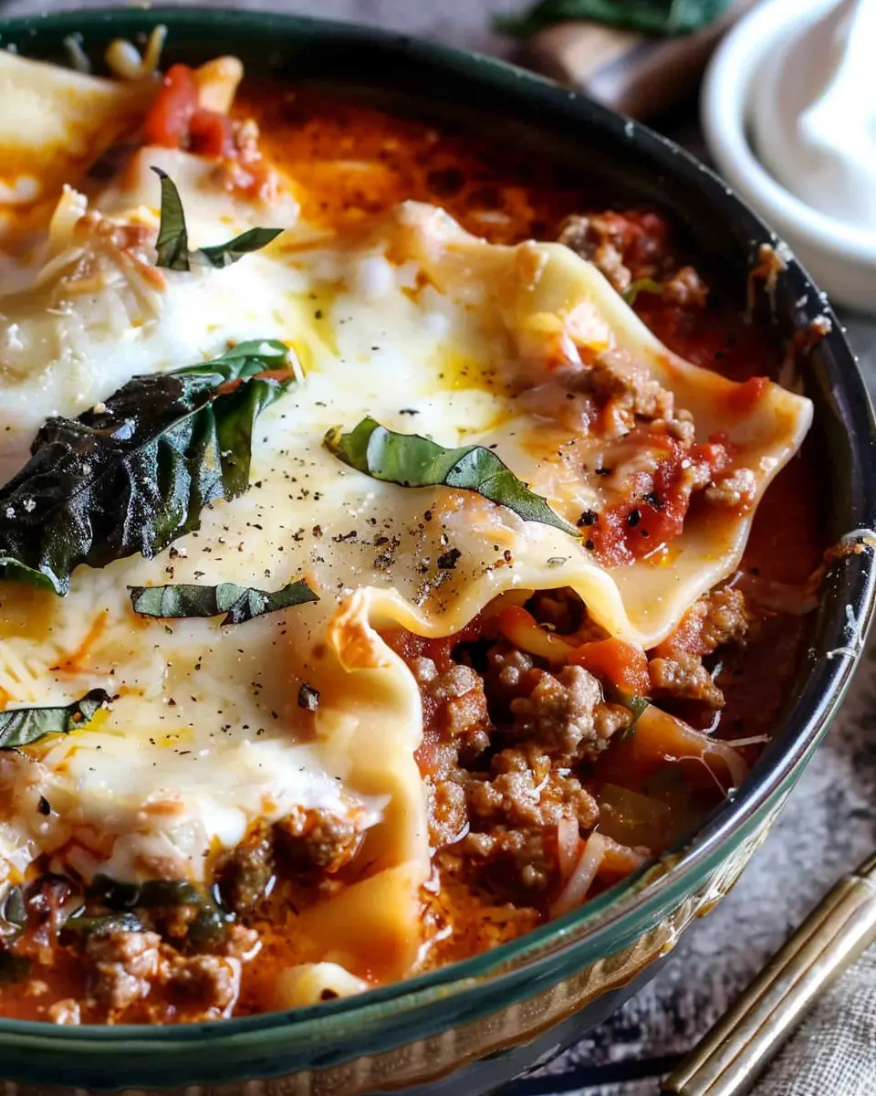 Mouthwatering One Pot Lasagna Soup with Turkey Bacon and Chicken Ham