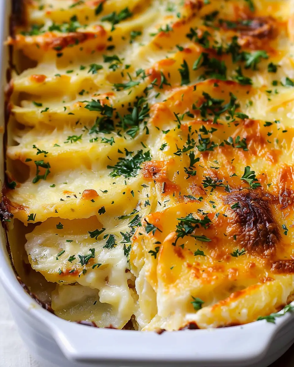 Cheesy Scalloped Potatoes with Turkey Bacon and Chicken Ham Delight