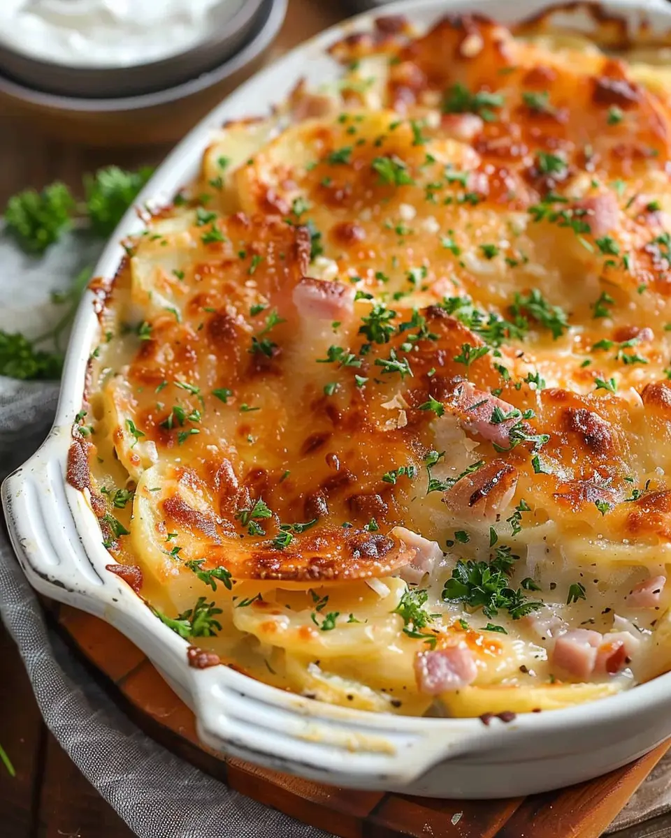 Scalloped Potatoes and Ham: Creamy Comfort with Chicken Ham and Turkey Bacon