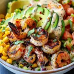 Grilled Shrimp Bowl with Avocado, Corn Salsa & Creamy Garlic Sauce