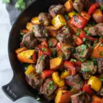 Whole30 Garlic Steak Bites with Sweet Potatoes and Peppers