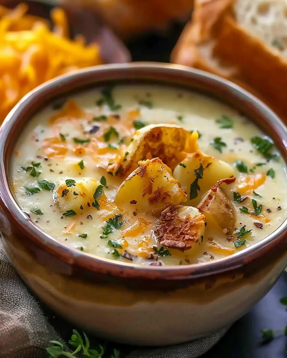 Hearty Cheddar Garlic Herb Potato Soup with Turkey Bacon Delight