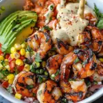 Grilled Shrimp Bowl with Avocado, Corn Salsa & Creamy Garlic Sauce